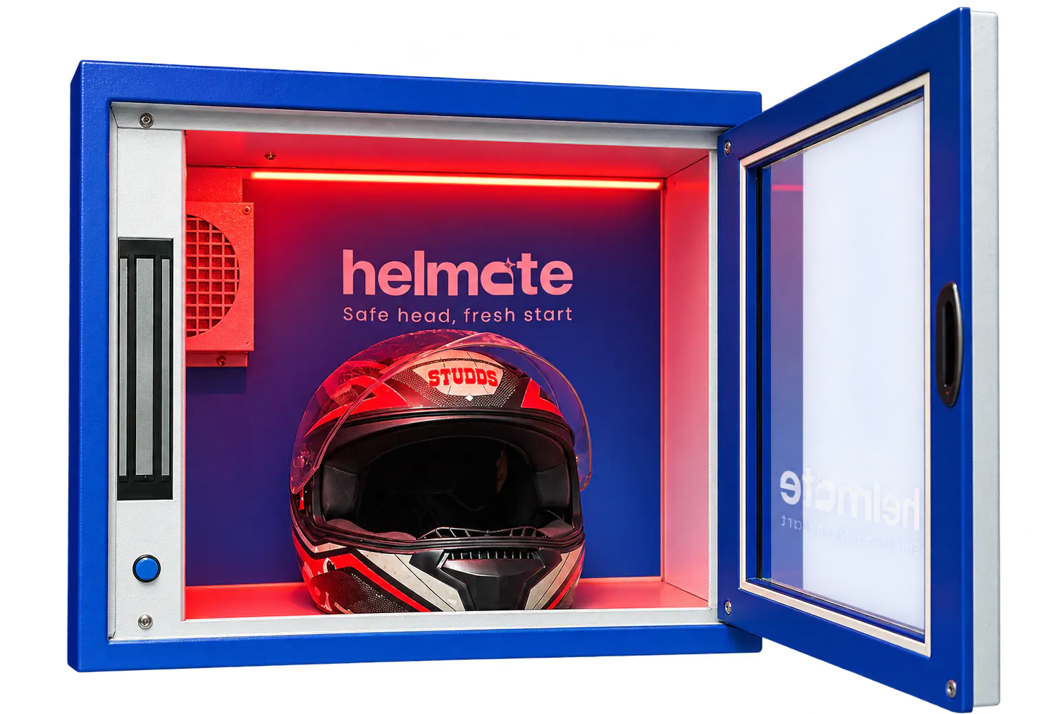 The Helmate chamber open with a helmet inside under UV light